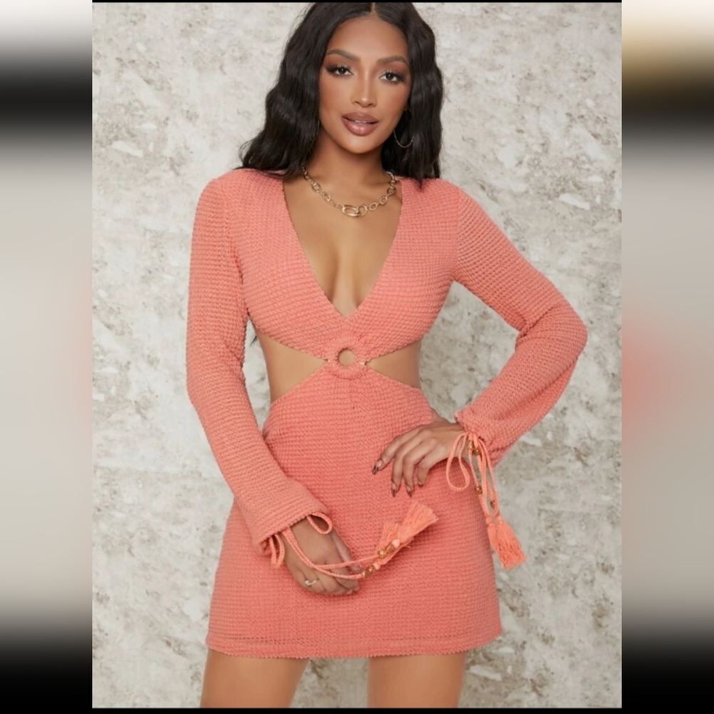 Shein Coral Pink Cut-Out Midriff Knit Dress M/L